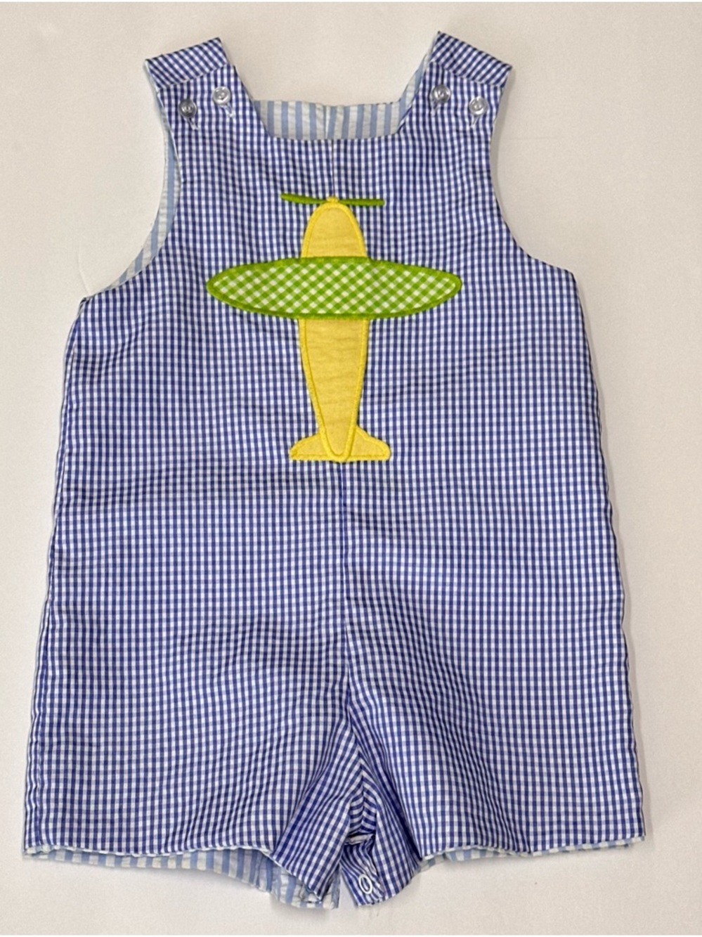 Bailey Boys 18M Blue Boys Shortall Romper Reversible Plaid Airplane Elephant